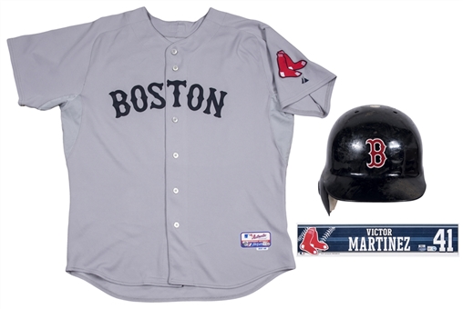 Lot of (3) 2009-2010 Victor Martinez Game Used Boston Red Sox Road Jersey, Batting Helmet & Locker Nameplate (MLB Authenticated & Steiner)